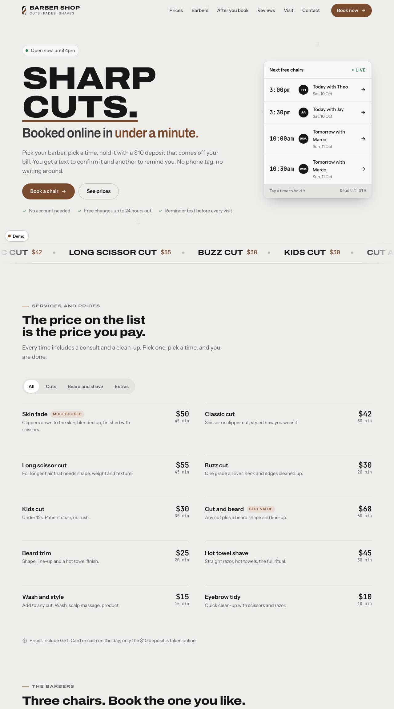Preview of the barber shop demo site: a bold headline and the next free chairs.