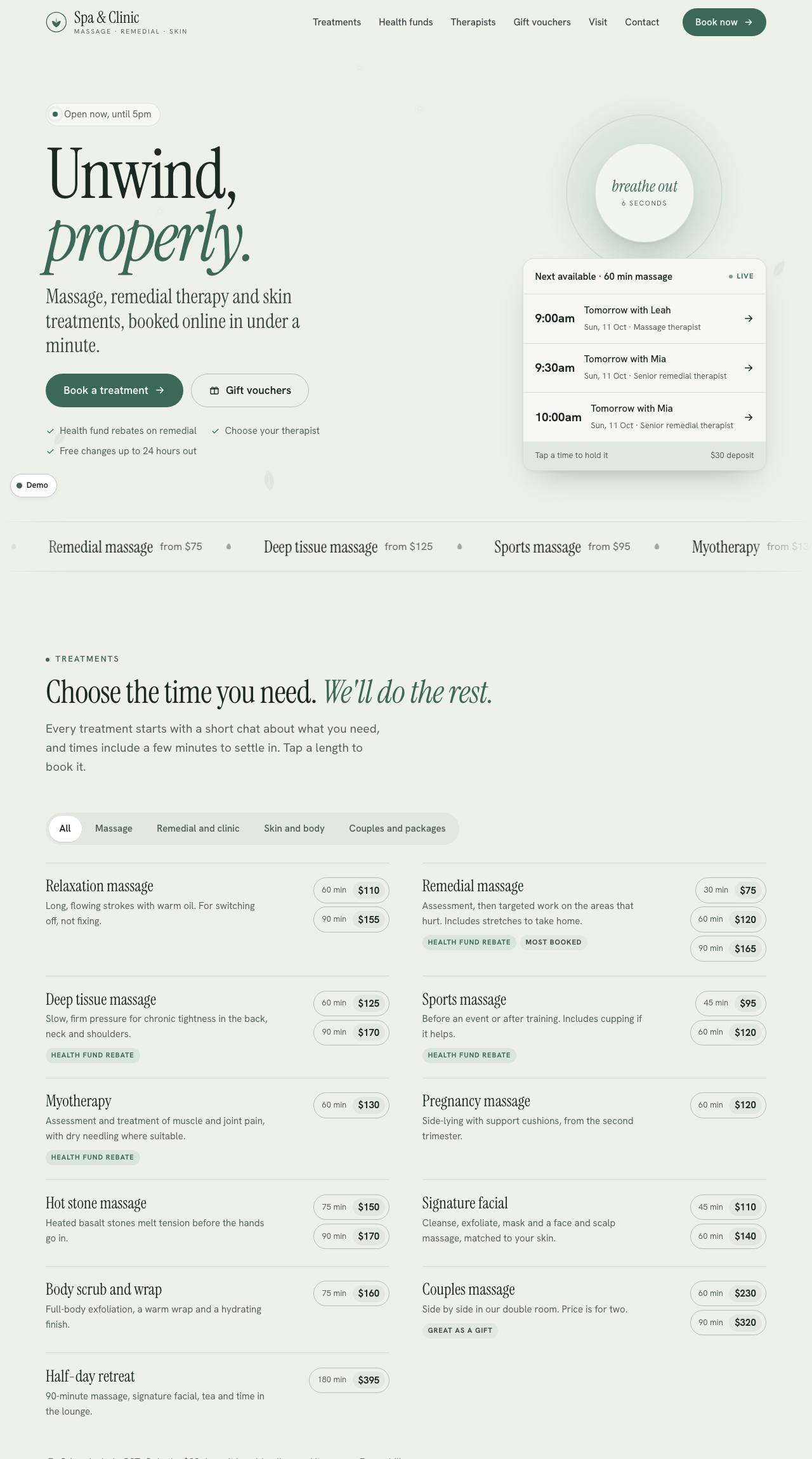 Preview of the spa and clinic demo site: a calm headline and the next available massage times.